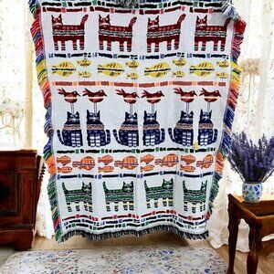 Vintage Pat Meyer Cats Fish Bird Fringe Tapestry Throw Blanket Signed